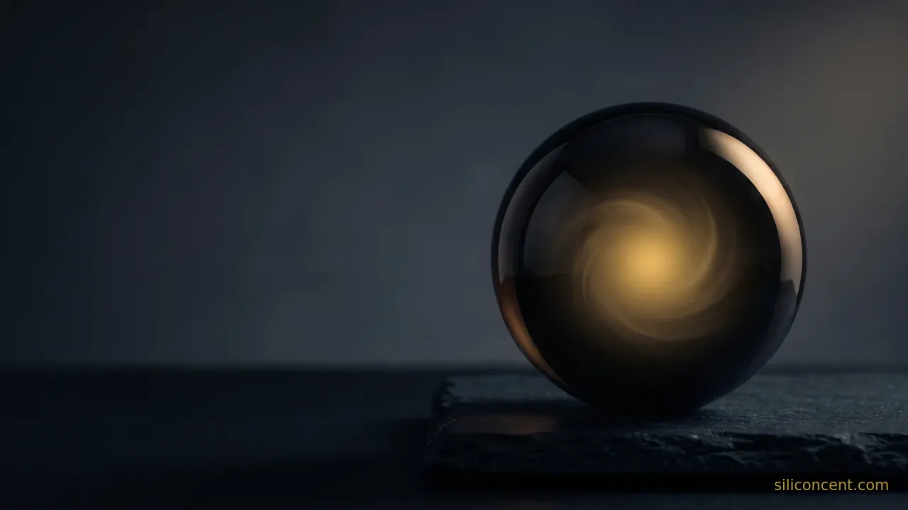 A dark polished orb with a warm gold glow inside on slate, a how-Palantir-makes-money seeing-patterns-in-data metaphor