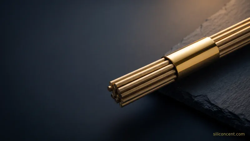 A bundle of brass rods bound by a single gold band on slate, a tech-bundling-strategy metaphor in slate and gold
