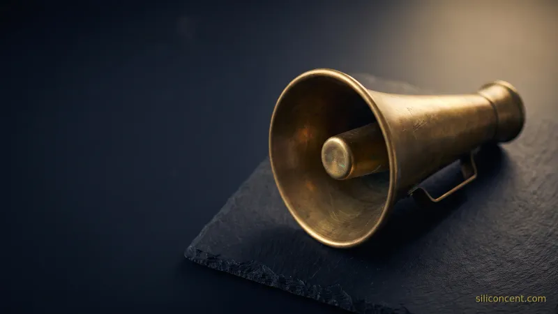 A vintage brass megaphone on slate catching a gold highlight, a how-Reddit-makes-money platform-of-voices metaphor in slate and gold