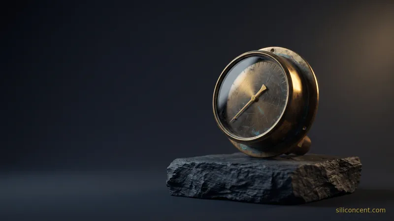 An antique brass utility meter with a single gold needle on slate, a cloud-cost-economics running-bill metaphor in slate and gold