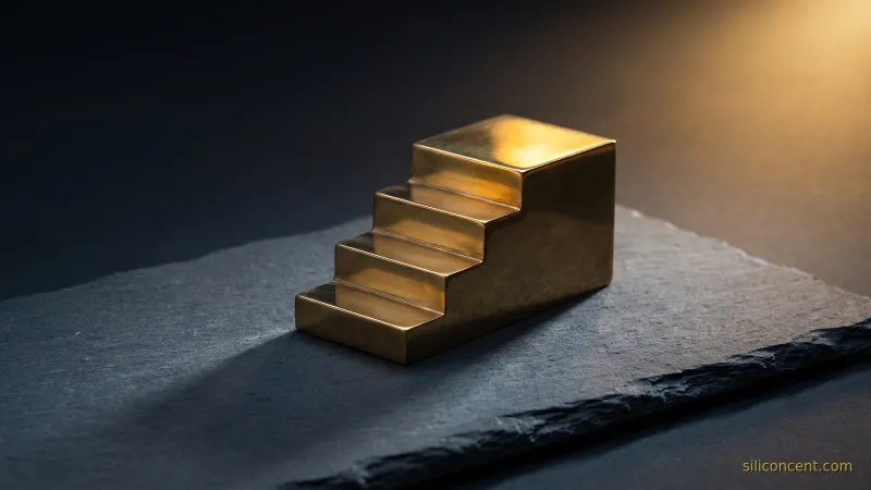 A polished brass model staircase of ascending steps on slate with the top step lit gold, a SaaS pricing tier ladder metaphor