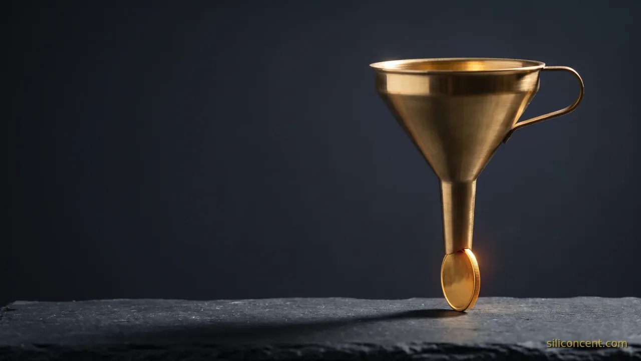 A polished brass funnel on slate with a single gold coin emerging from its spout, a payments-take-rate metaphor in slate and gold