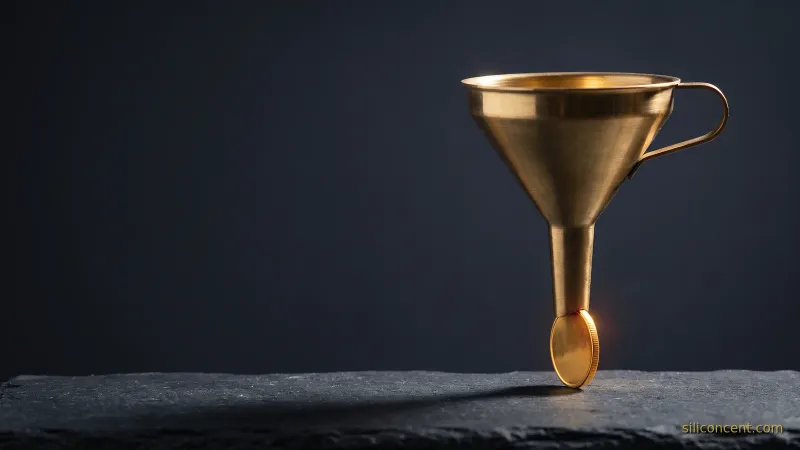 A polished brass funnel on slate with a single gold coin emerging from its spout, a payments-take-rate metaphor in slate and gold