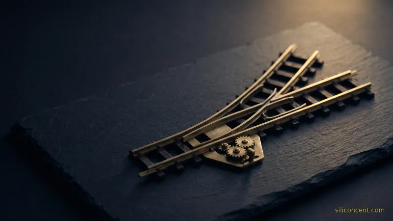 A brass railway switch splitting into two diverging rails on slate with one lit gold, a product-led-vs-sales-led-growth metaphor