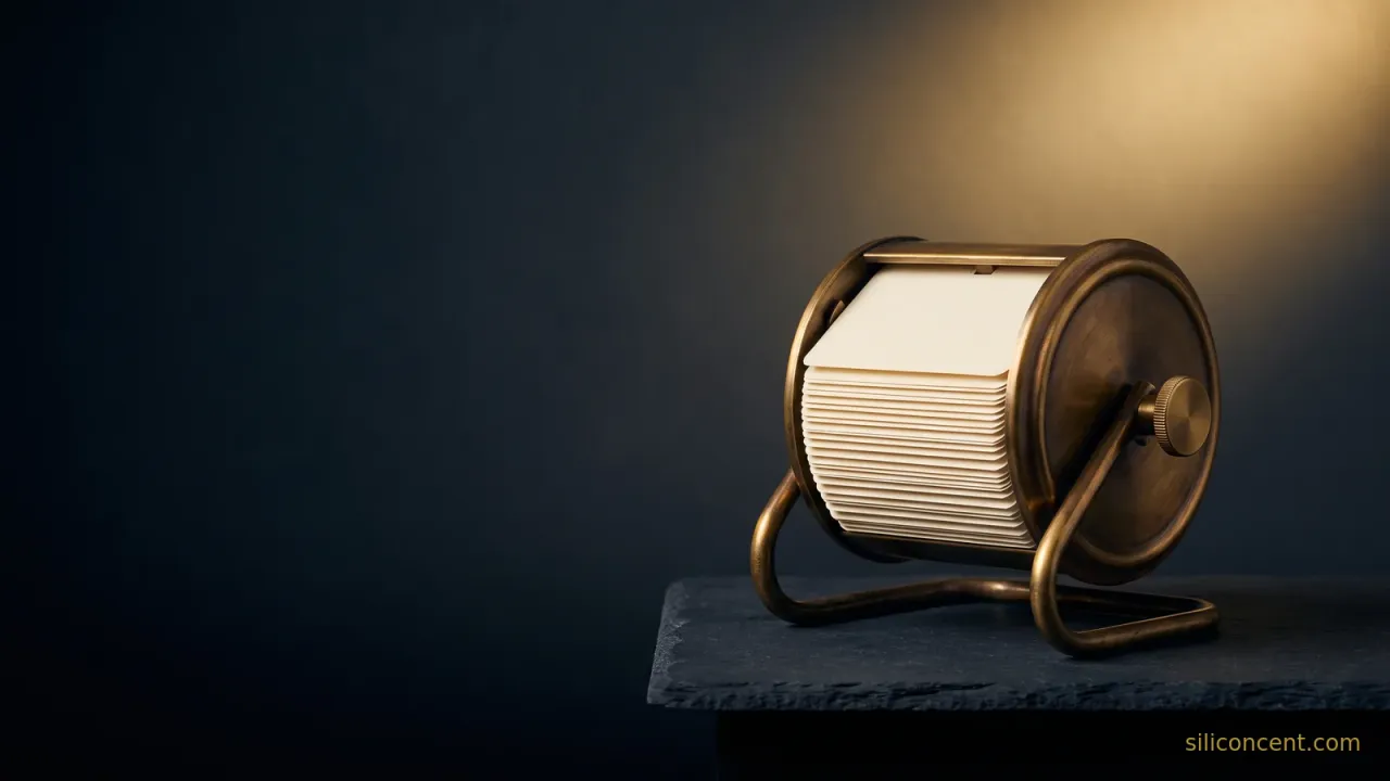 An antique brass rotary card index with blank cream cards on slate, a how-Salesforce-makes-money customer-record metaphor