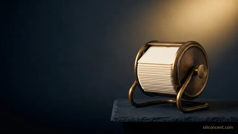An antique brass rotary card index with blank cream cards on slate, a how-Salesforce-makes-money customer-record metaphor